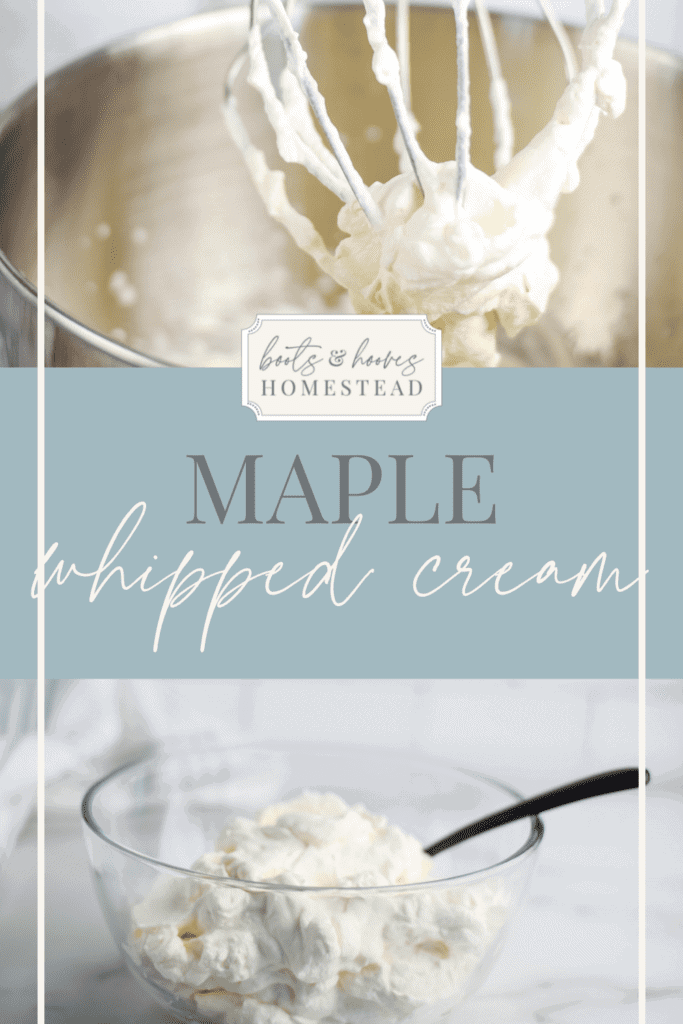 process shots of homemade maple whipped cream in a stand mixer and finished bowl