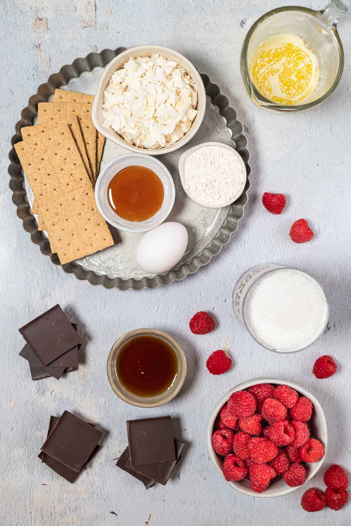 chocolate raspberry tart ingredients laid out and in small bowls