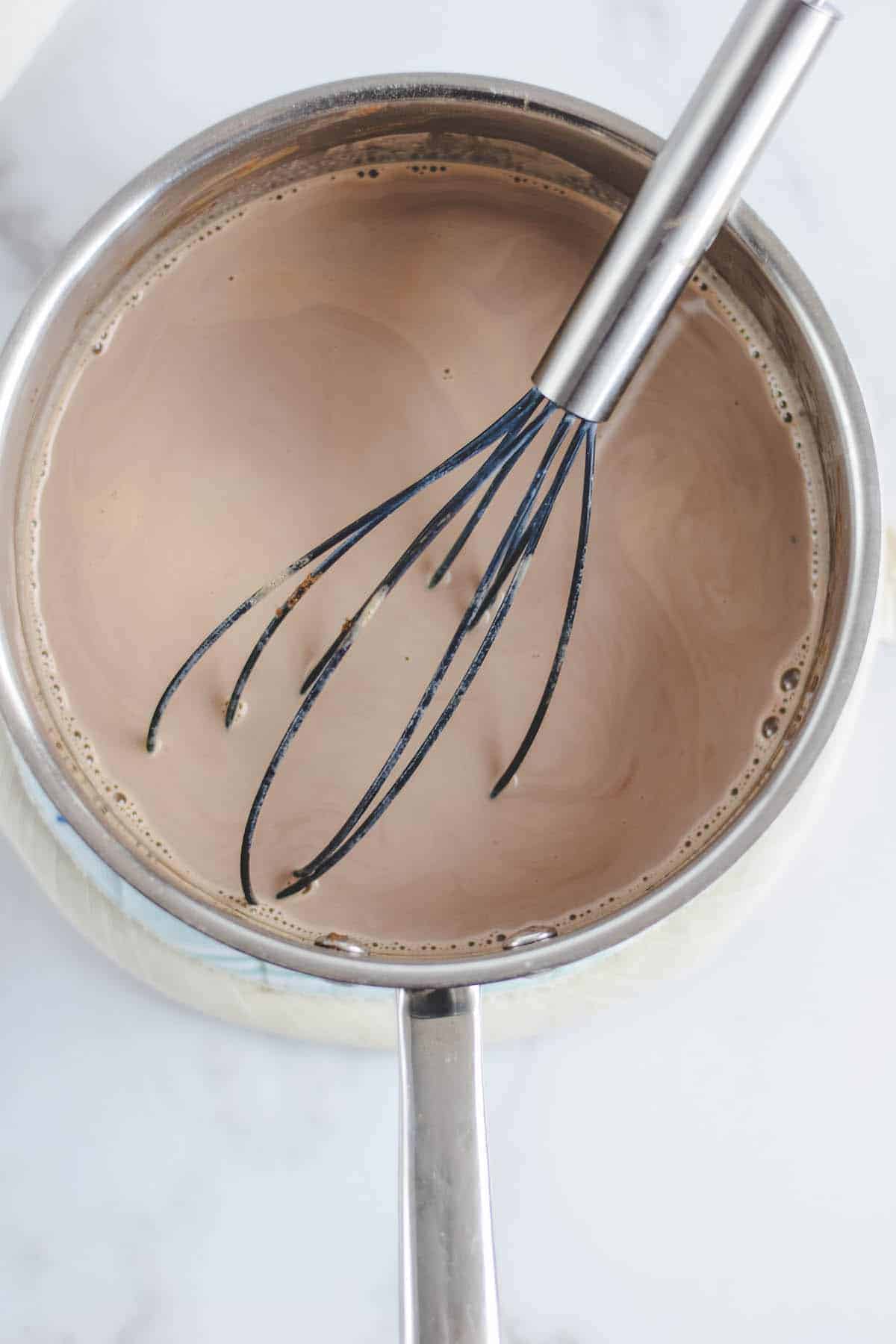 saucepan with mocha mixture and whisk