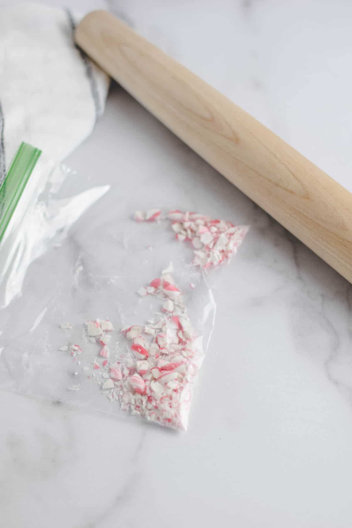 peppermint candy cane pieces crushed in a ziplock bag