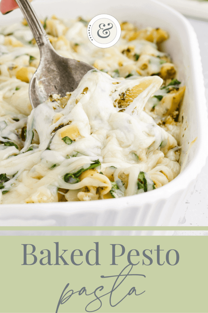 white baking dish with baked pesto pasta