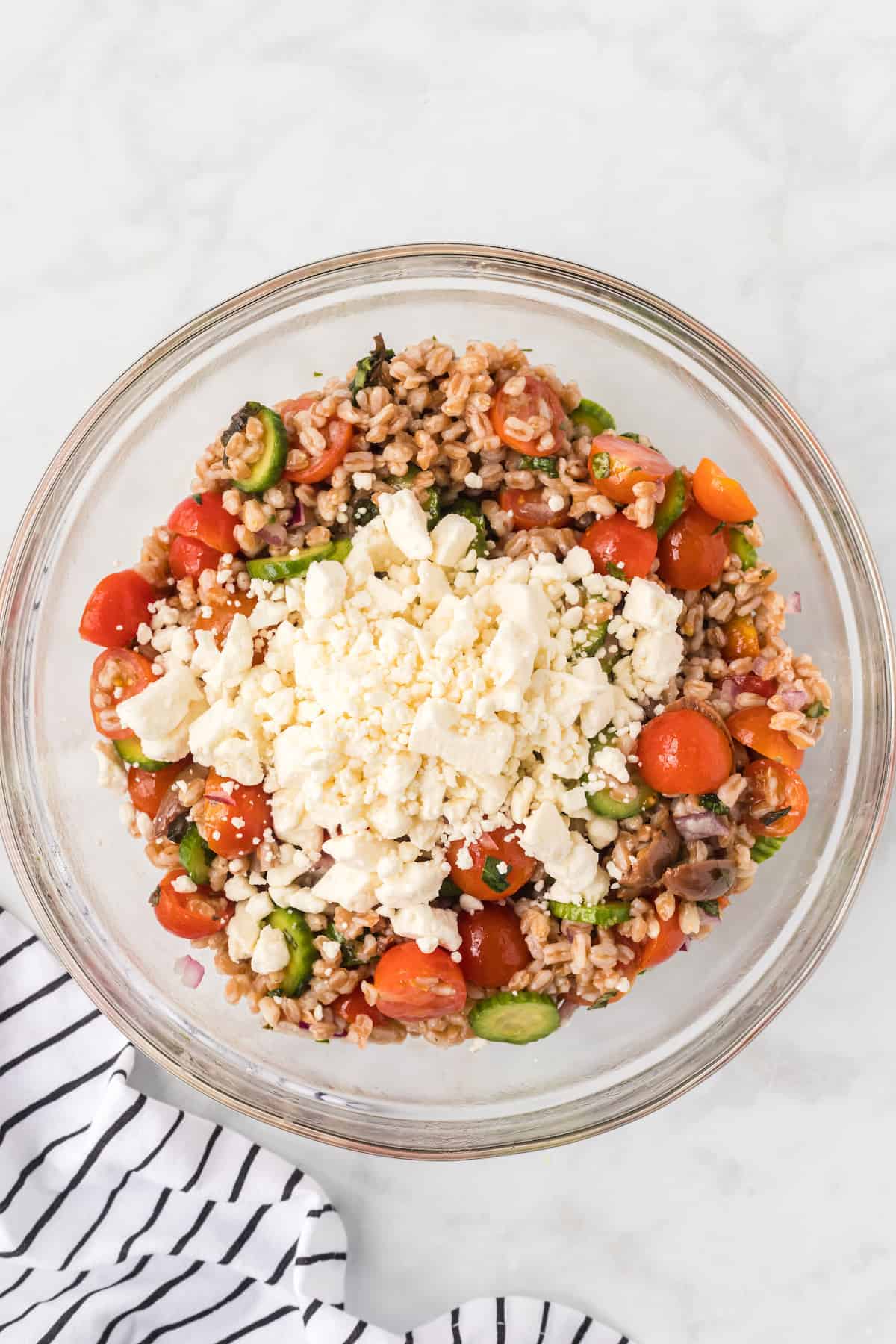 feta cheese on top of the farro salad.