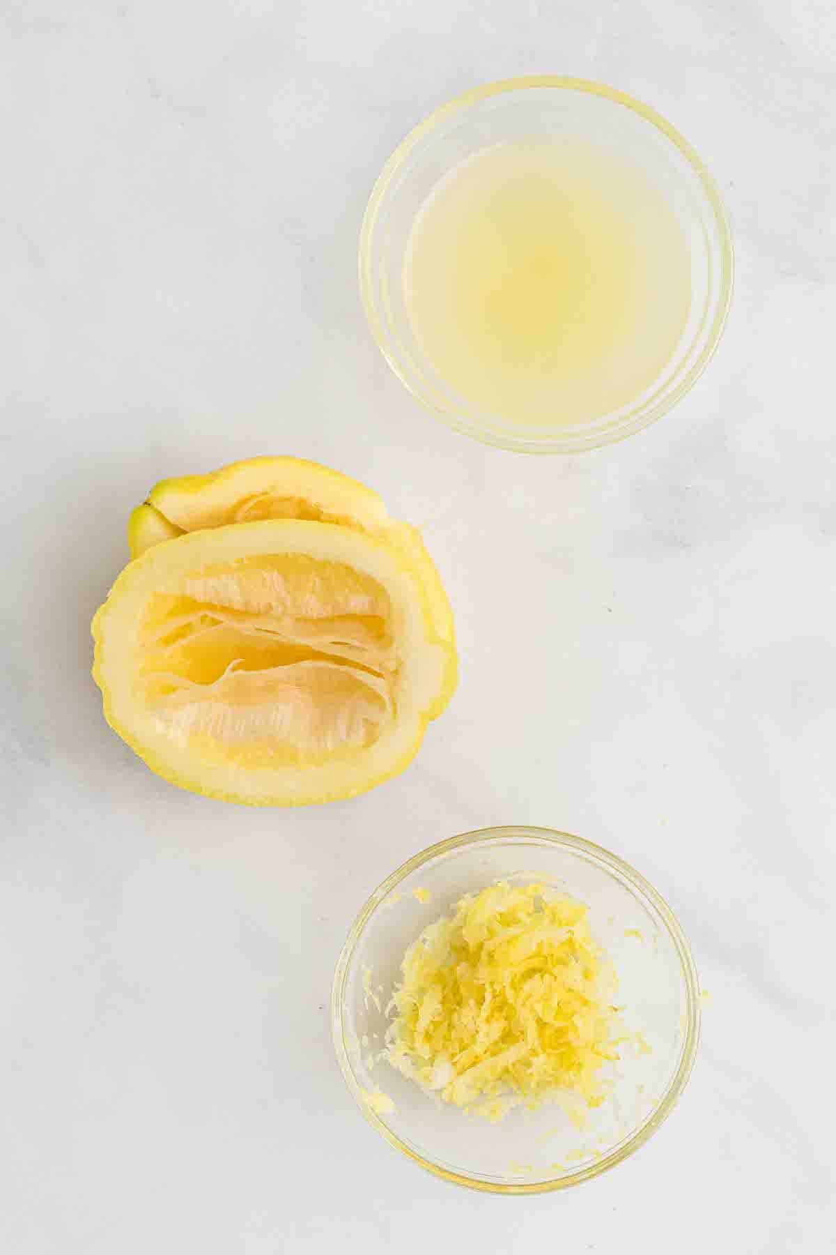 lemon zest and juice in small glass bowls