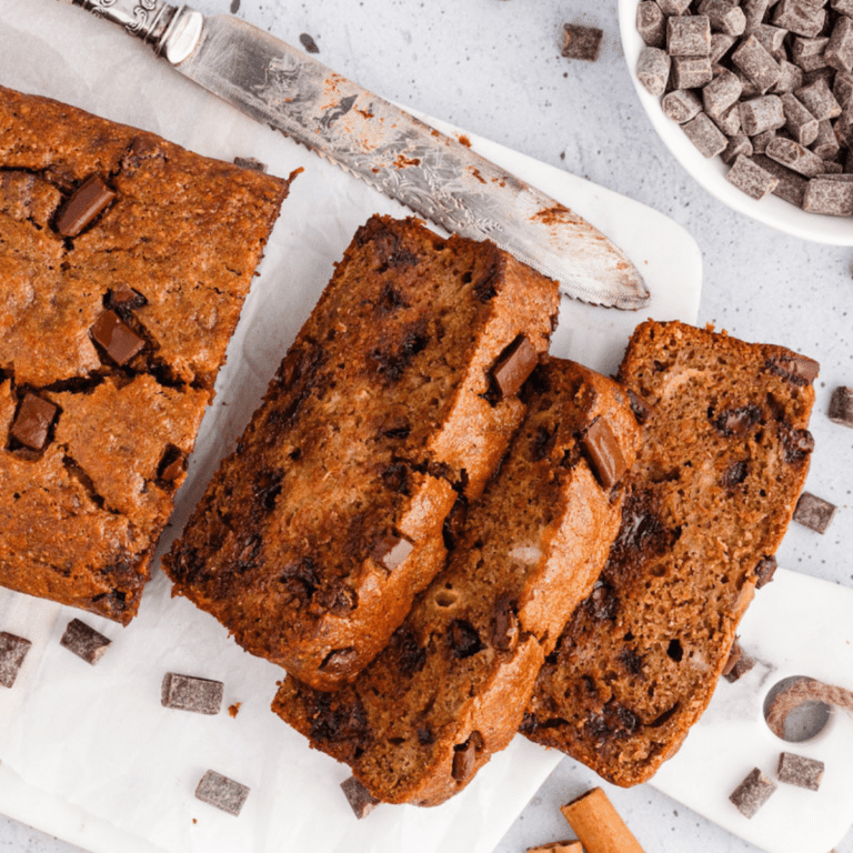 white parchment paper with slices of chocolate chip moist banana bread.