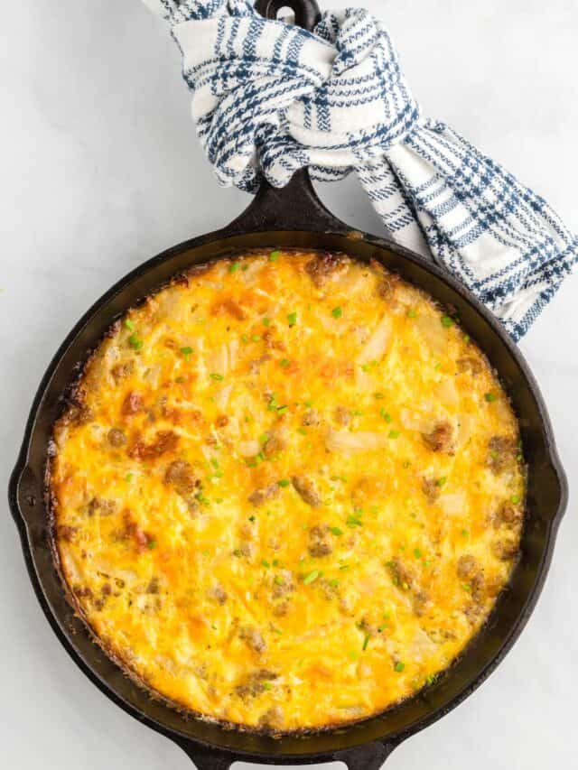 cast iron skillet with traeger eggs casserole.