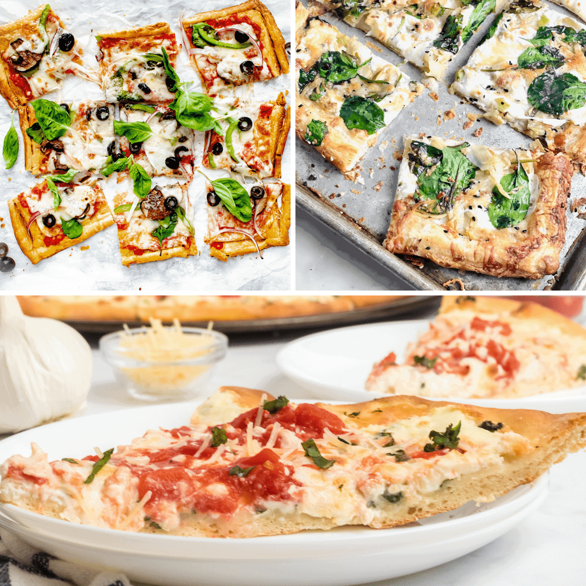 photo collage with three healthy pizza recipes