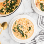 white bowl of creamy pasta fagioli soup