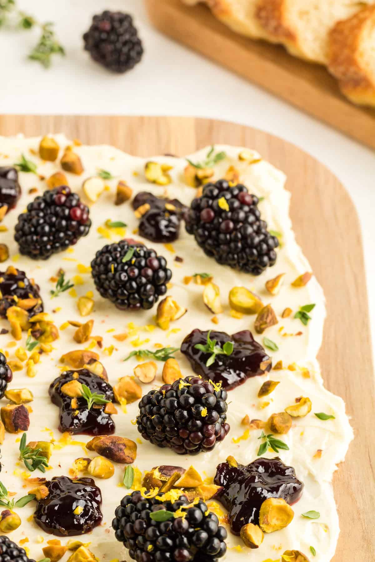 closeup picture of the blackberry and pistachio butter board.