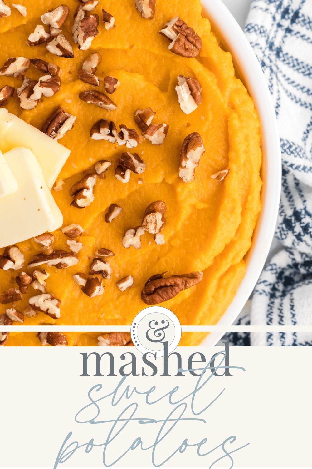 closeup of the bowl of mashed sweet potatoes.