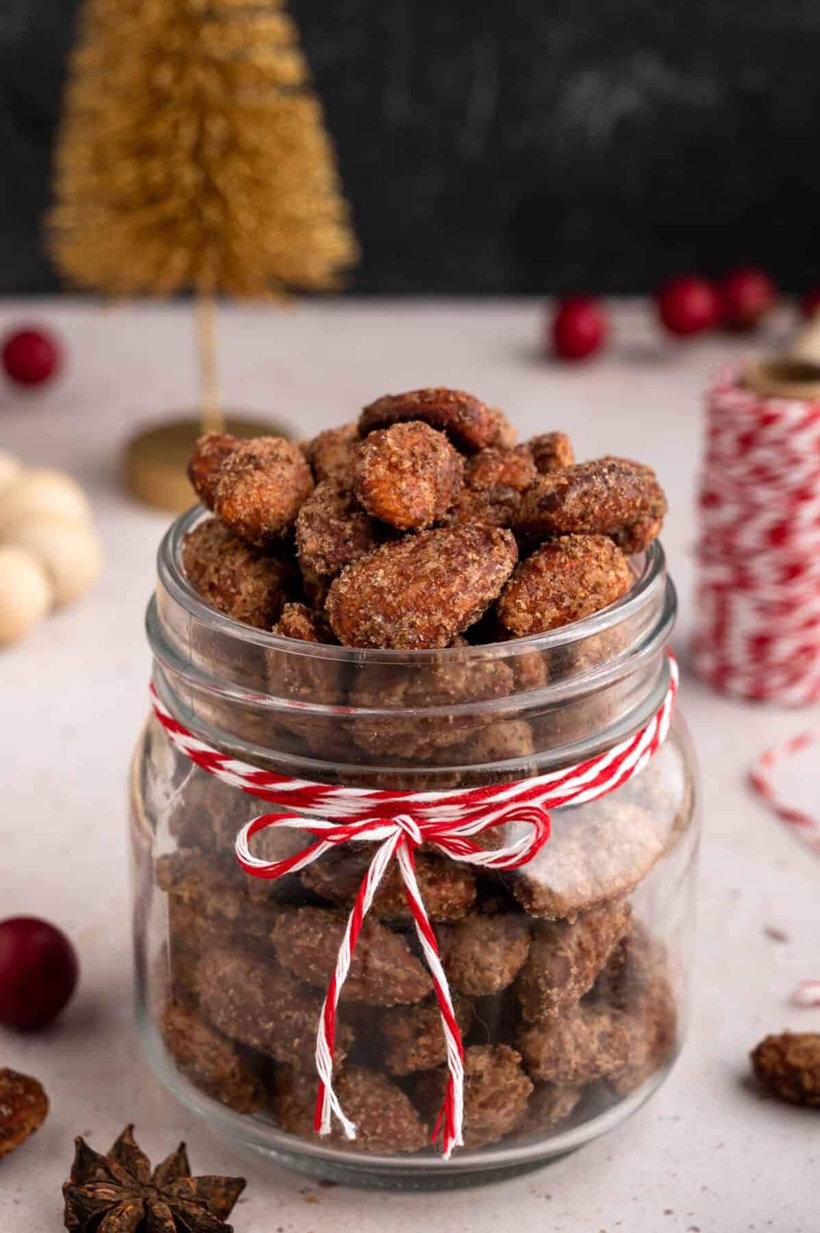 holiday spiced almonds in a small mason jar with red & white string tied around top. 