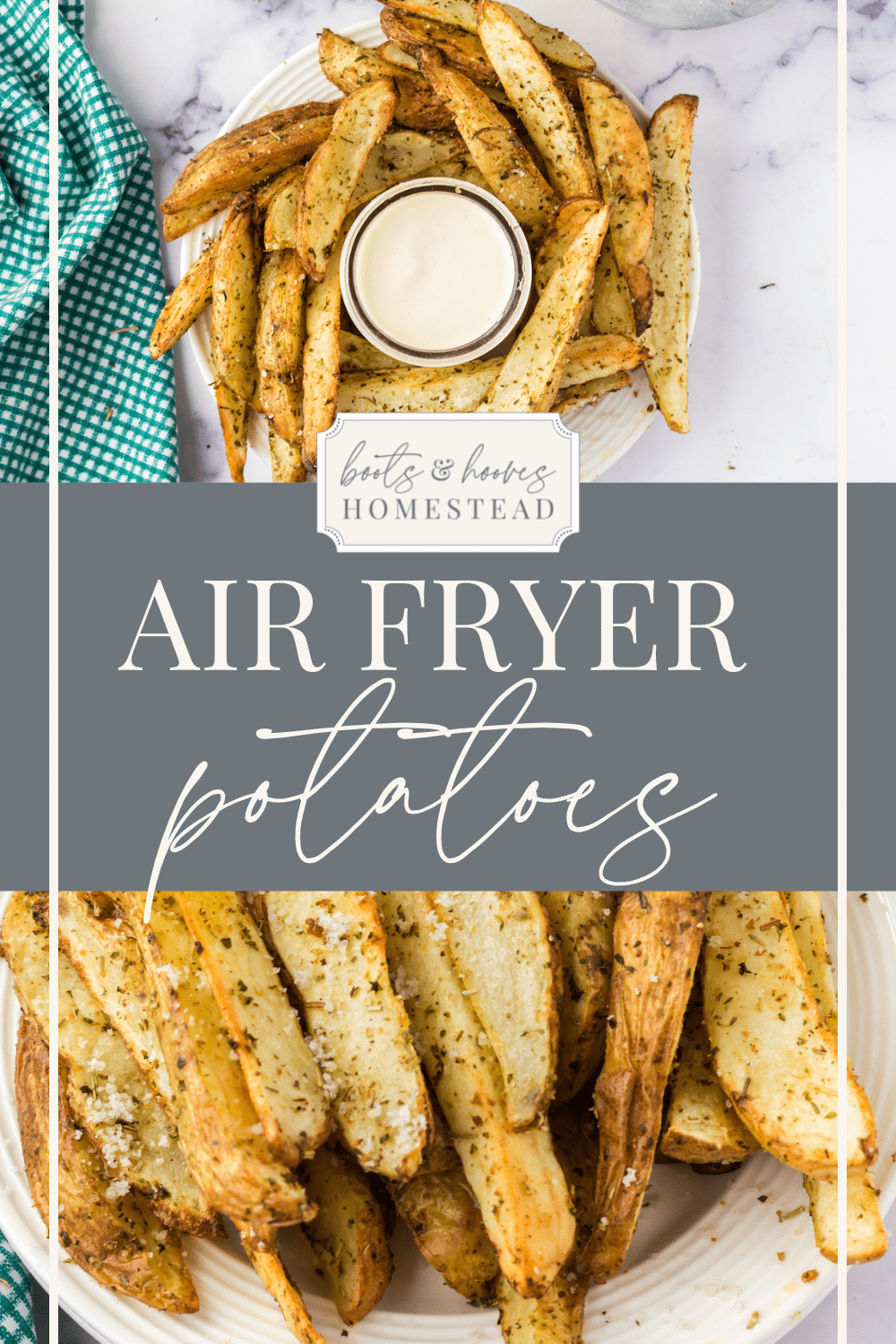 two images of potato wedges in air fryer on white plates