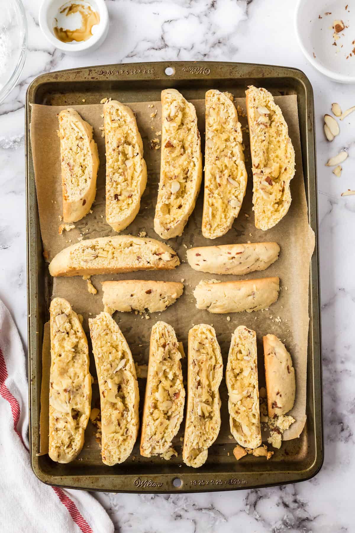 baked biscotti on a baking sheet.