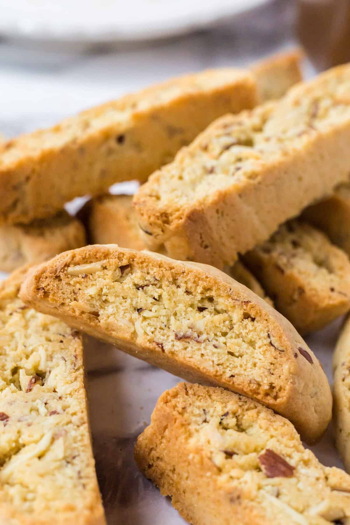 almond biscotti stacked on top of each other.