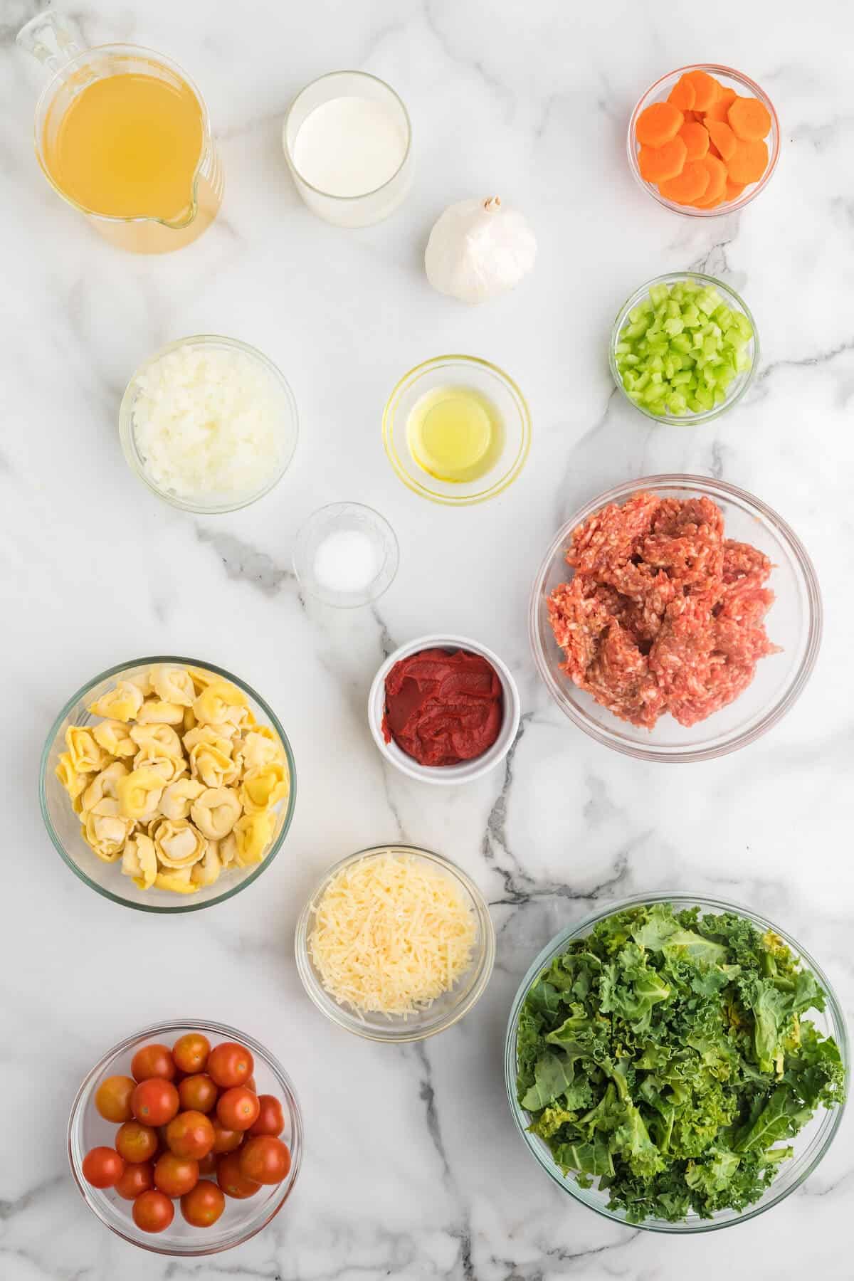 ingredients for the italian sausage tortellini soup.