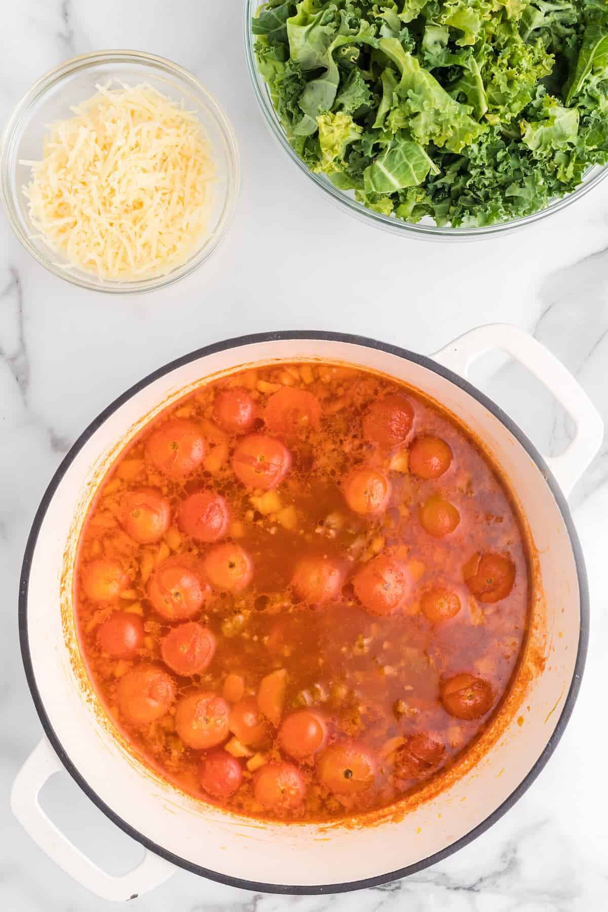 whole cherry tomatoes added to the dutch oven with the other soup ingredients.