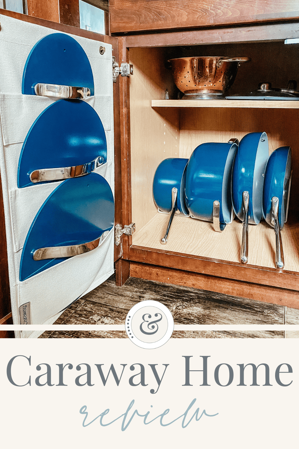 caraway cookware with storage pieces in a cabinet.