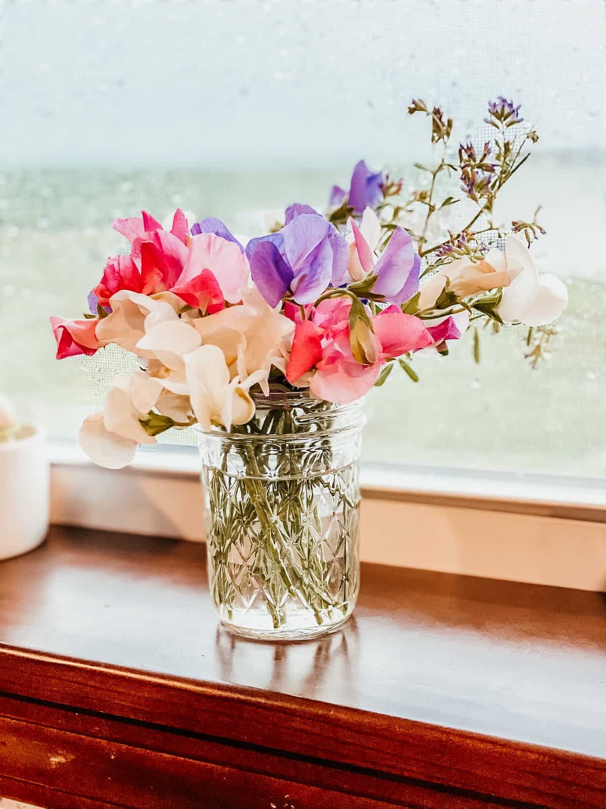 sweet peas in a mason jar. 