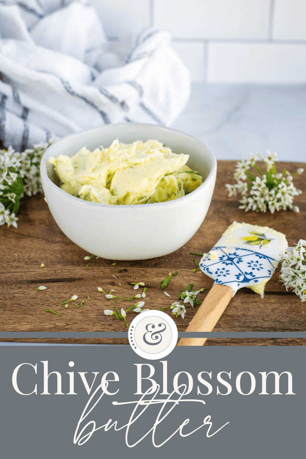 chive blossom butter in a small white bowl.