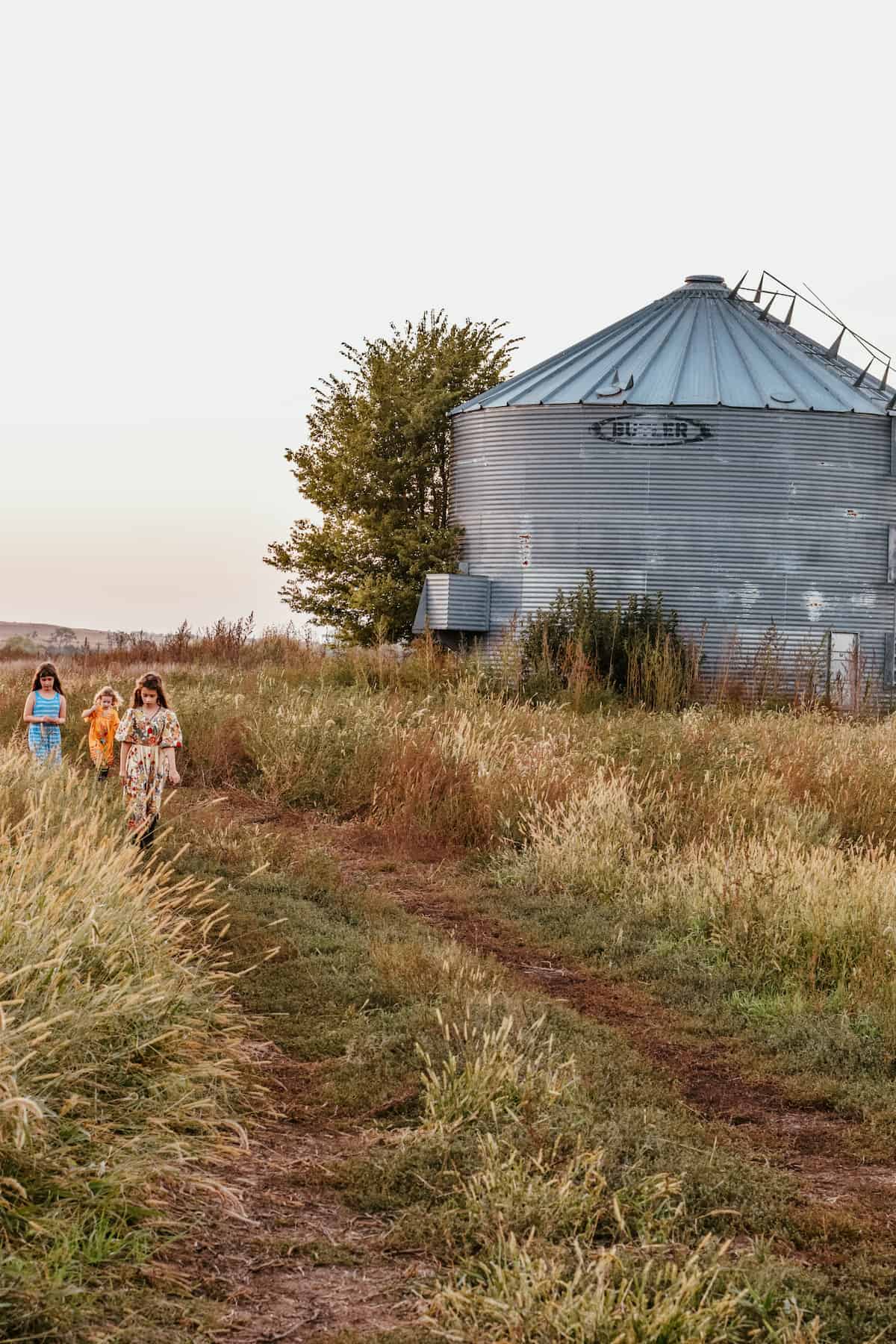 children walking in the pasture in the country. 