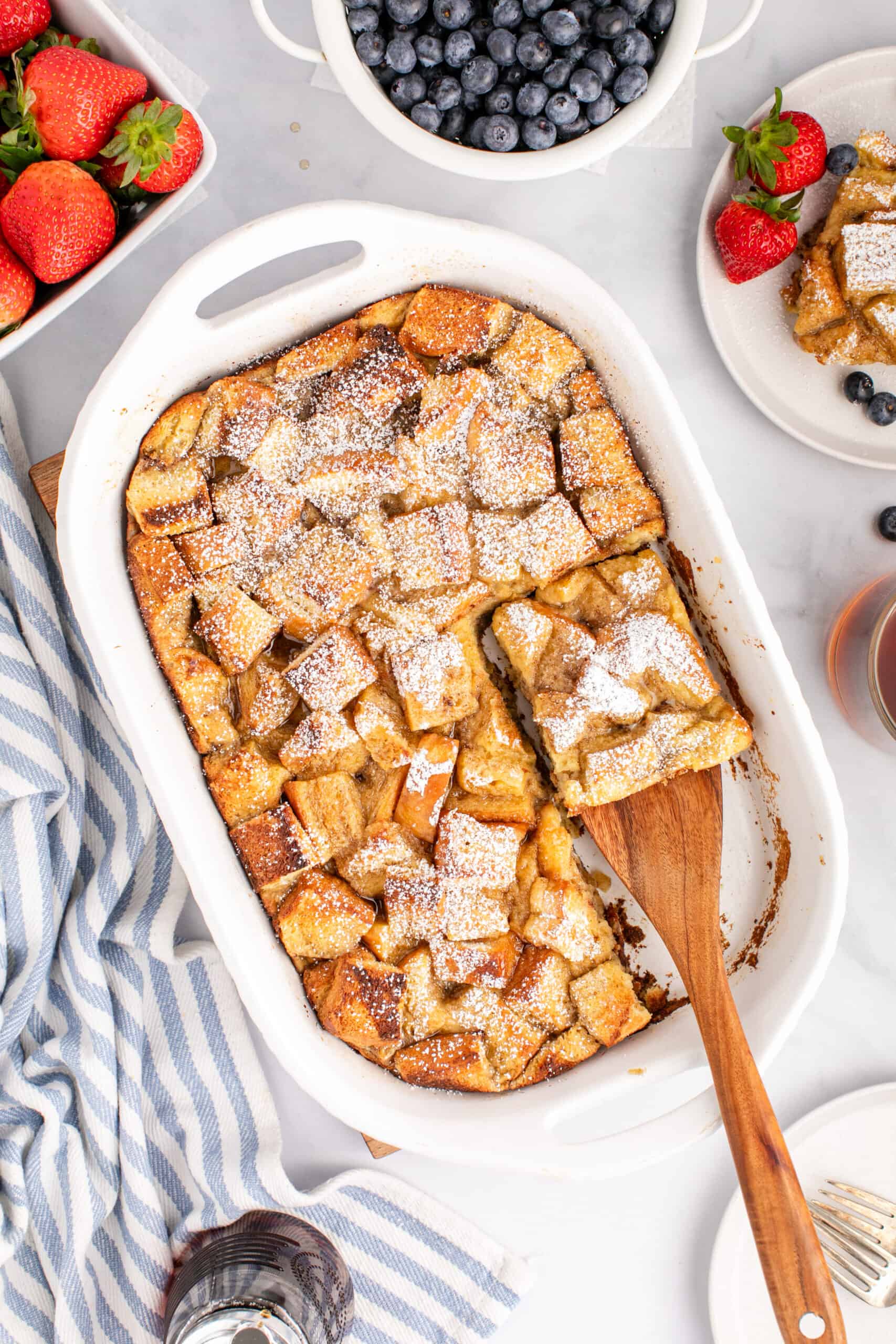 Maple French toast casserole in a white baking dish.