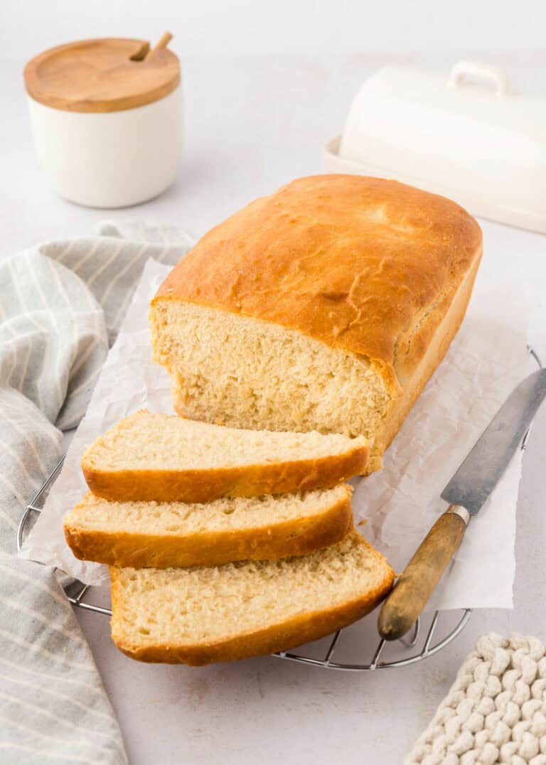 slices of homemade bread on a cutting board.