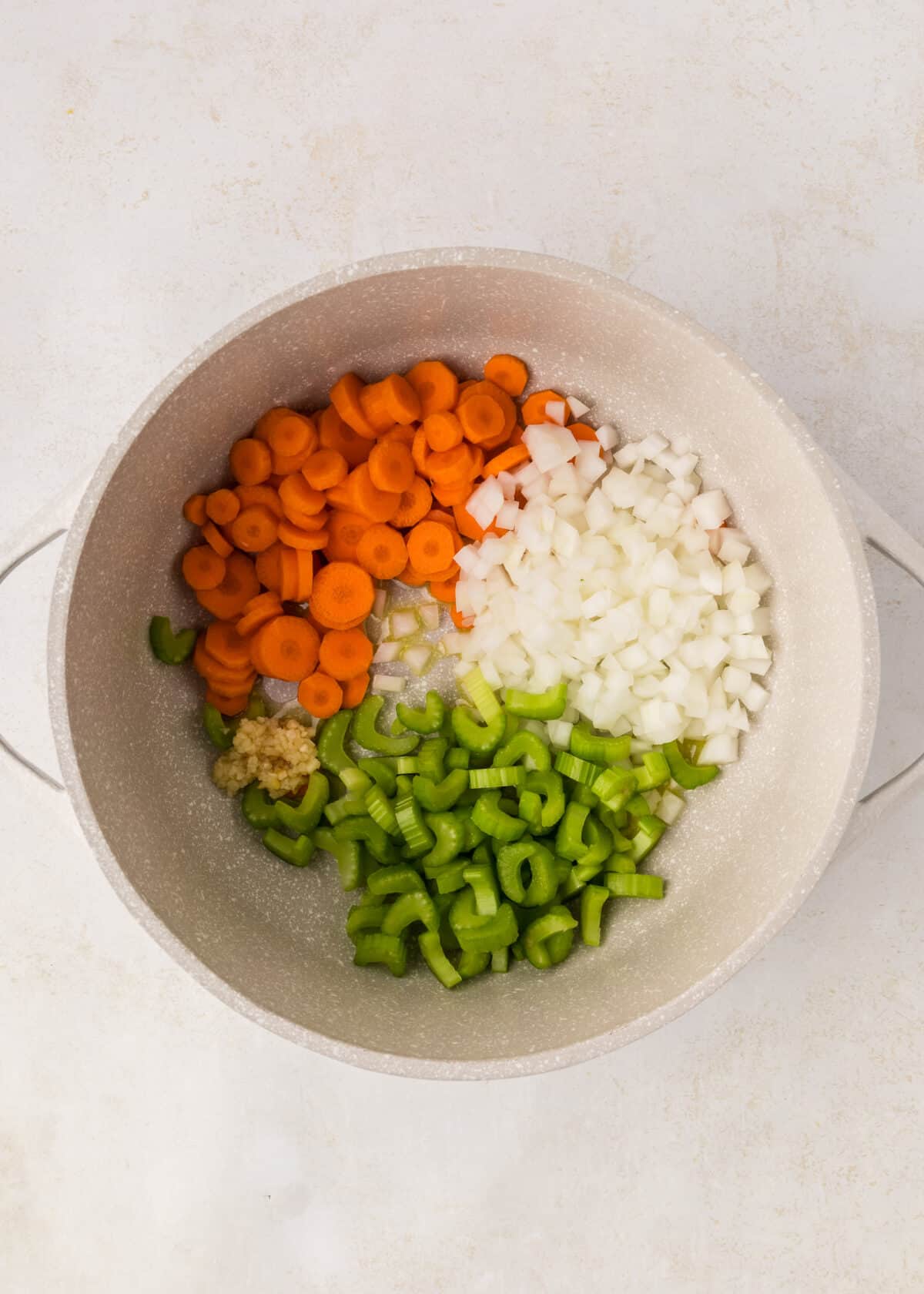 pan with prepared veggies for the creamy chicken gnocchi soup. 