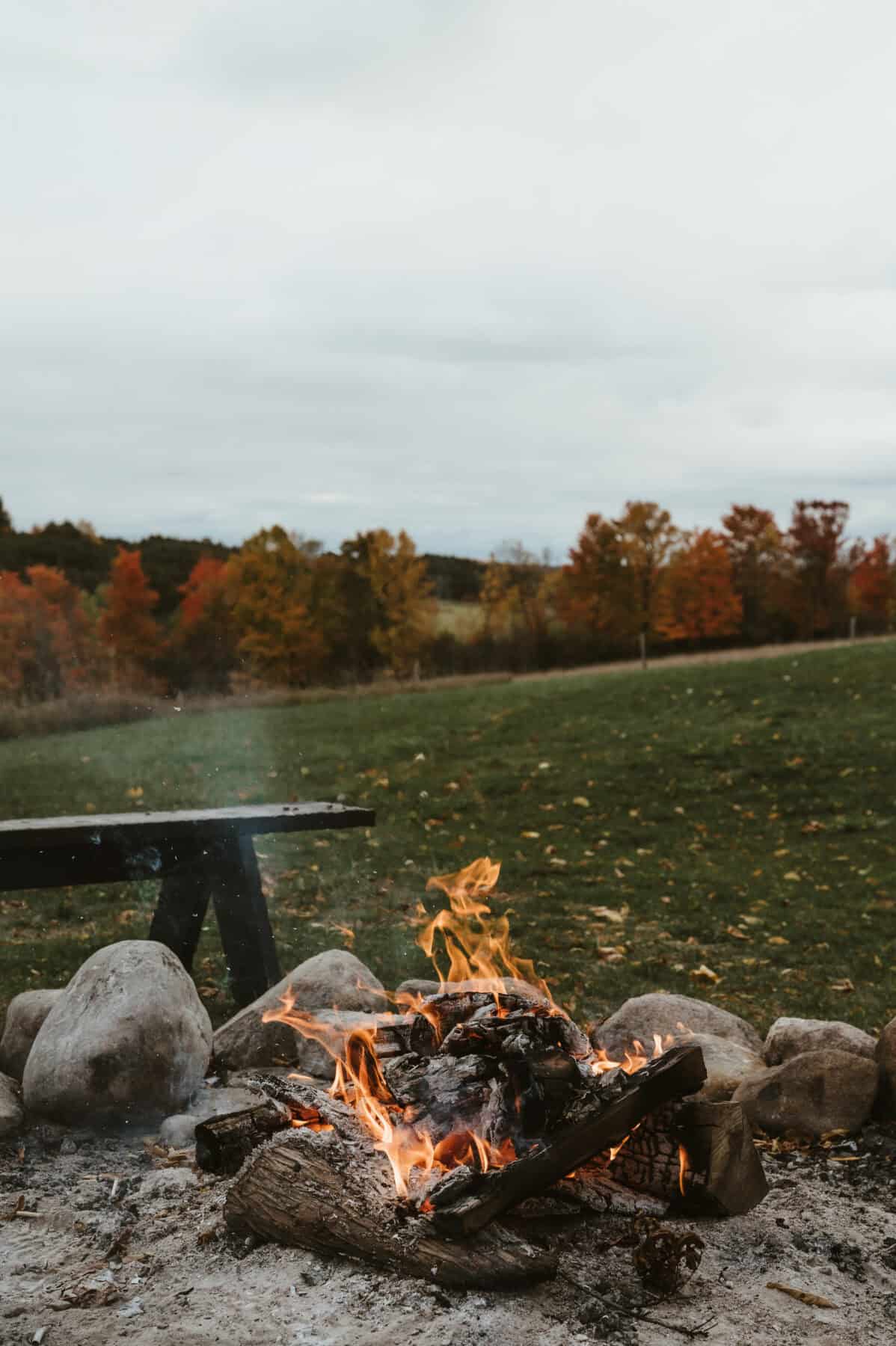 bon fire outside during a fall evening. 