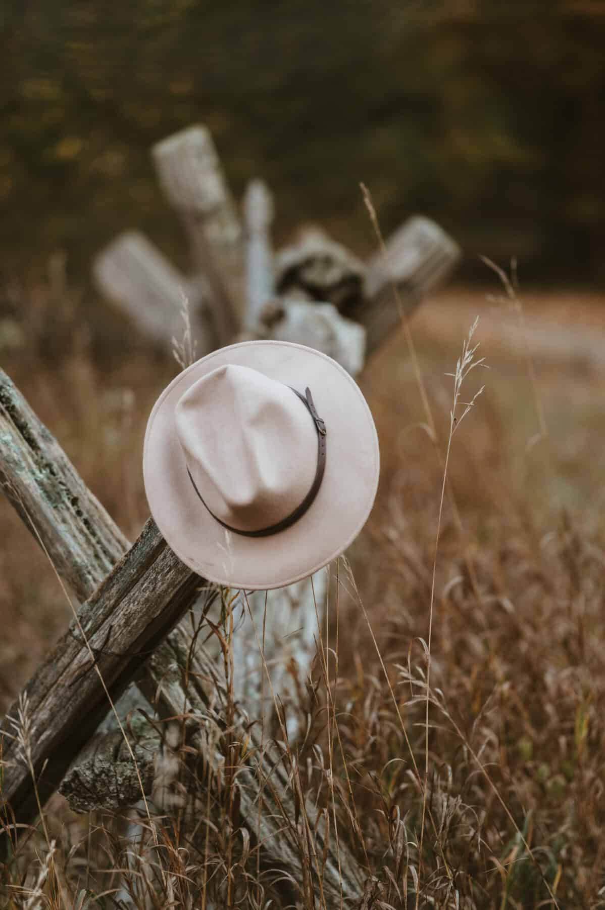 cowboy hat resting on a fence post in a country pasture. 