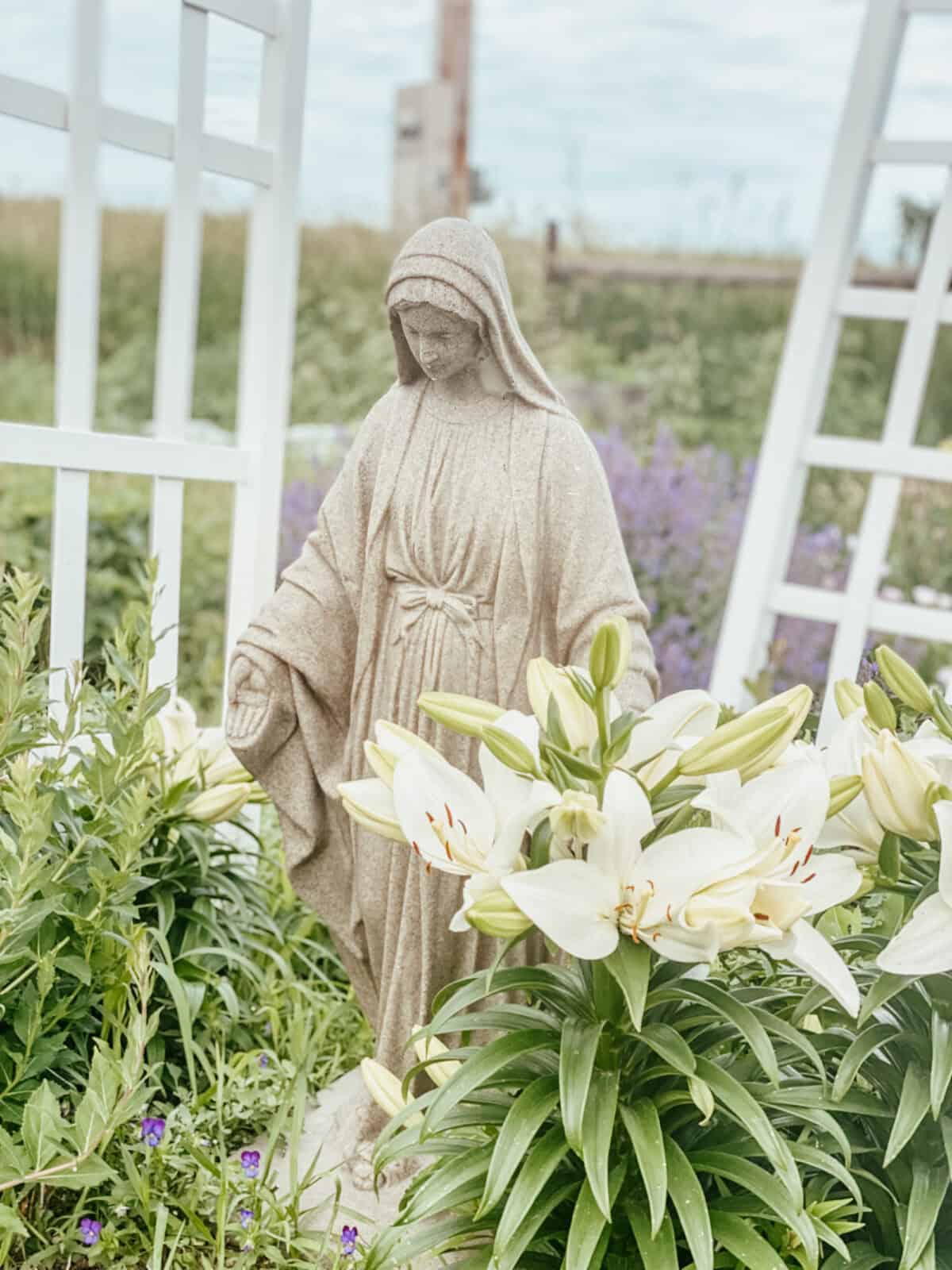 Blessed Mother statue in the garden with white lilies.