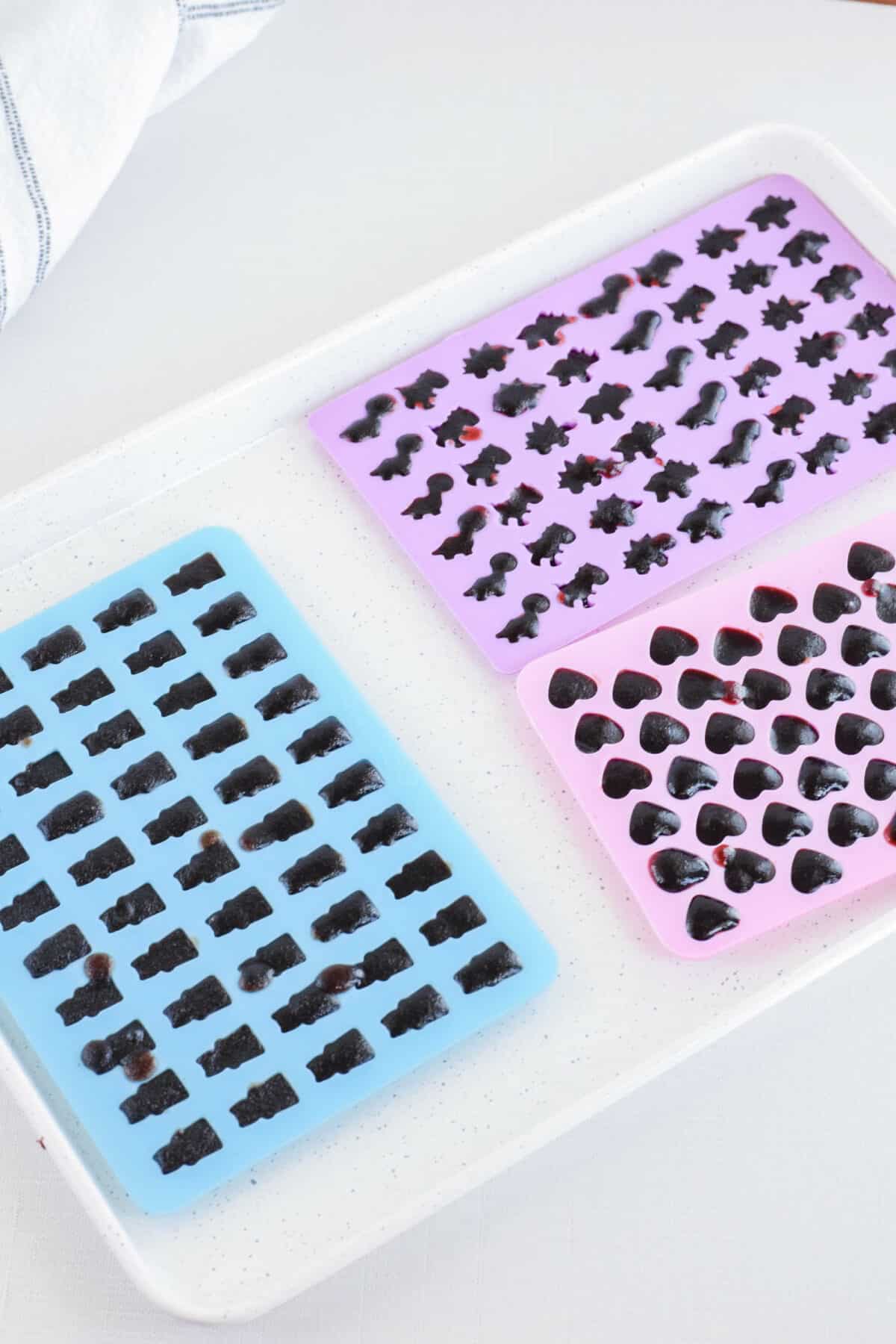 elderberry gummies on a baking sheet. 