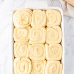 sweet rolls doubled in size in the baking dish.