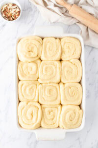 sweet rolls doubled in size in the baking dish.