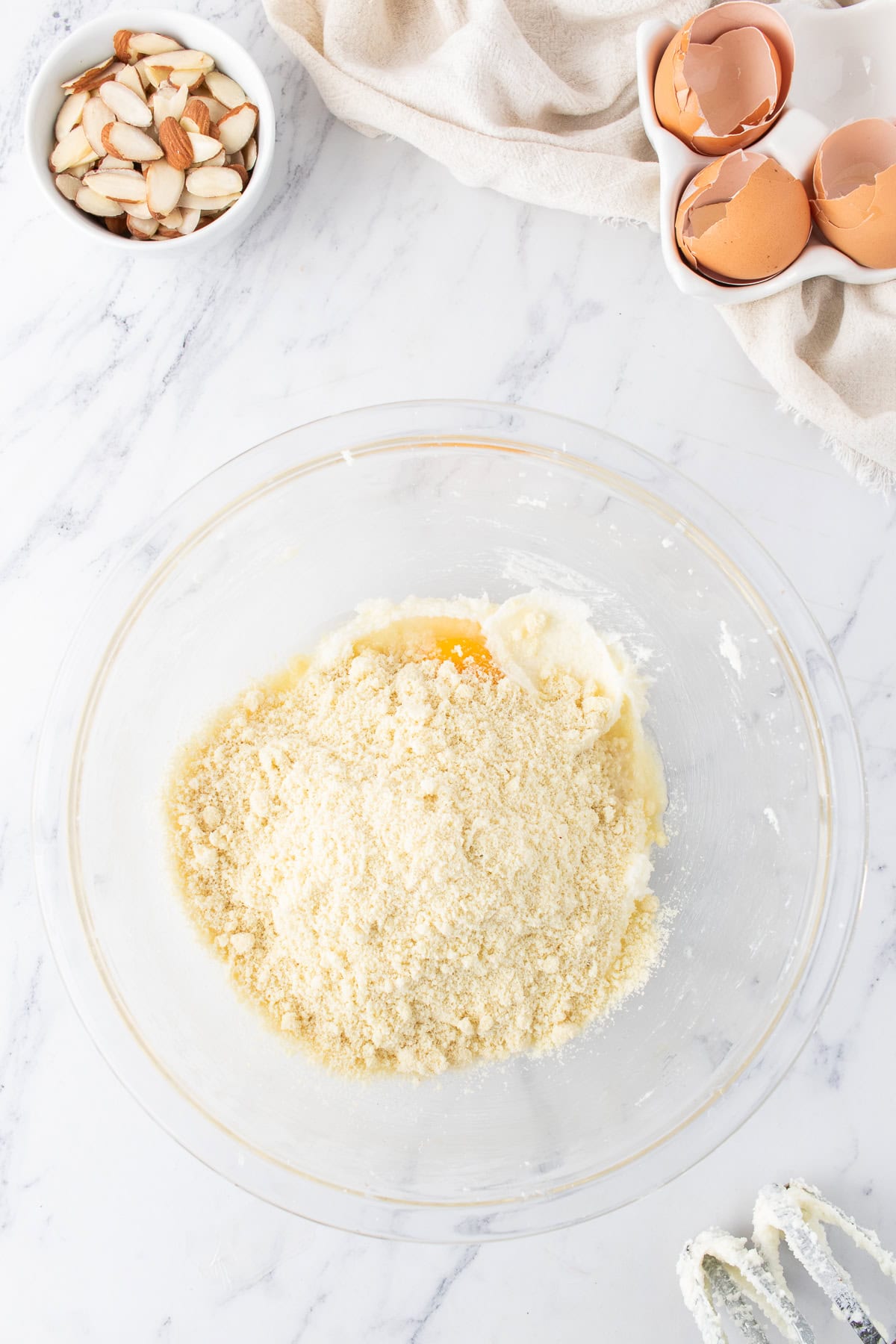 almond filling for the cinnamon rolls in a mixing bowl. 