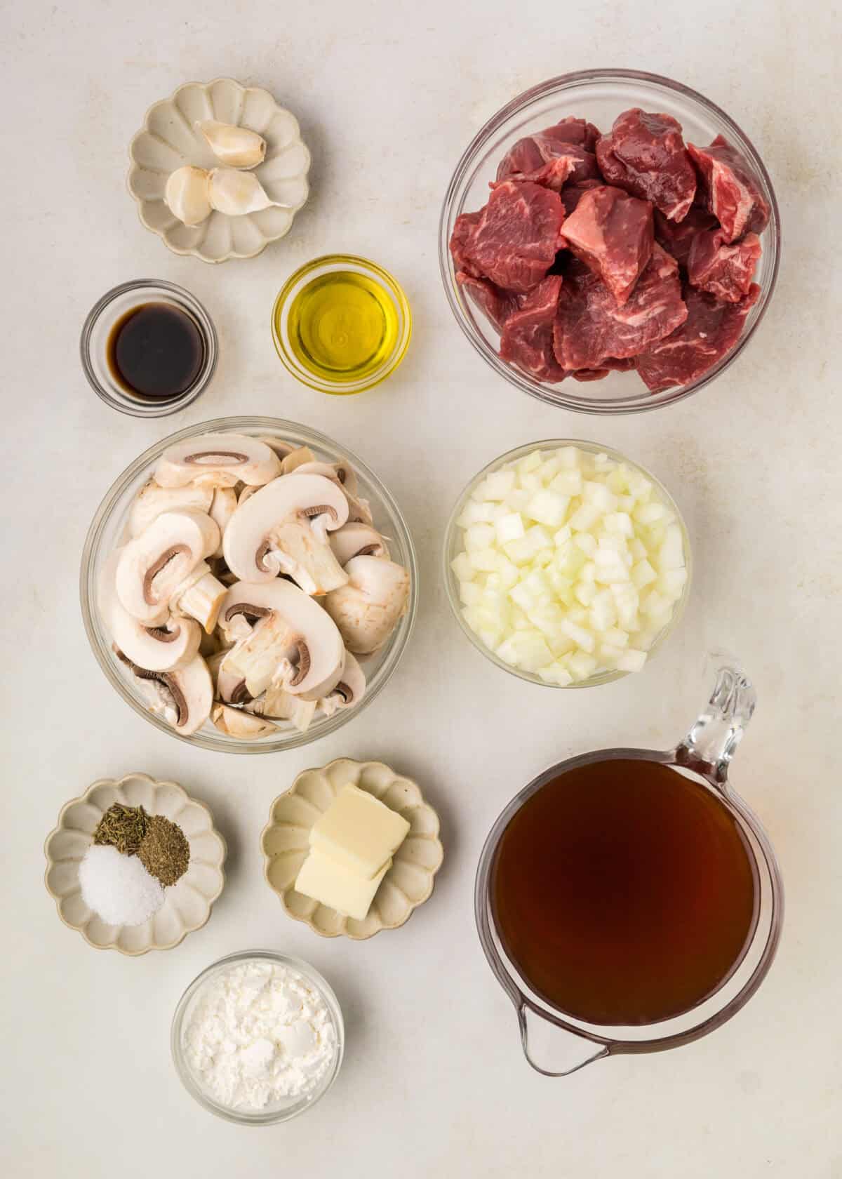 Ingredients for the beef tips and gravy recipe. 