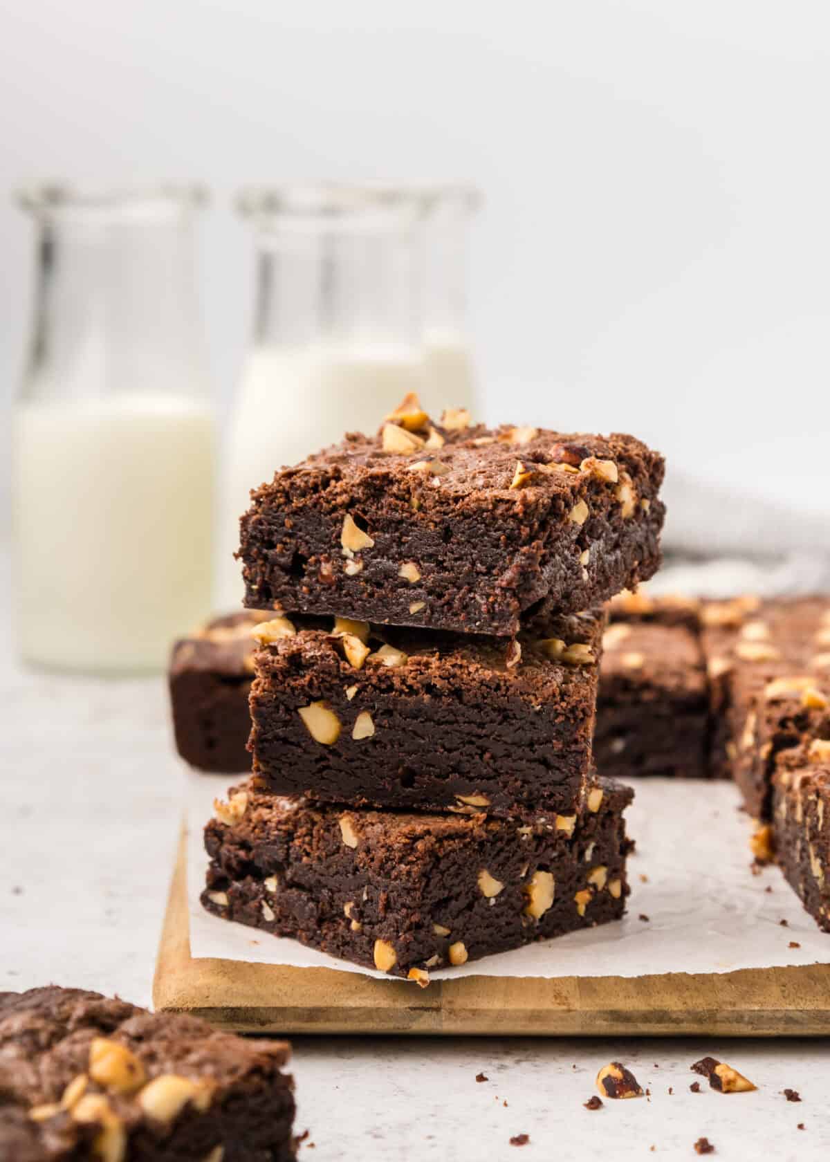 Slices of Nutella brownies stacked on top of each other. 