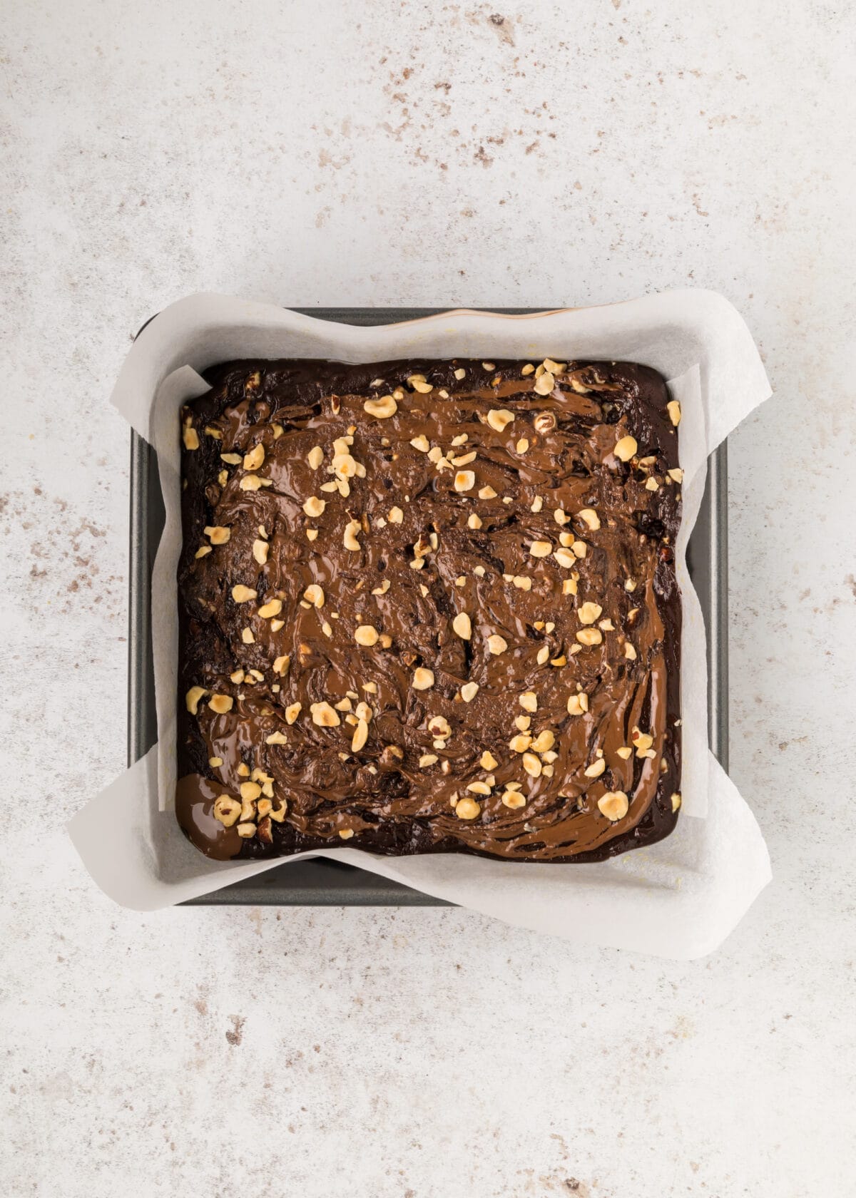 finished Nutella brownies in a baking pan. 