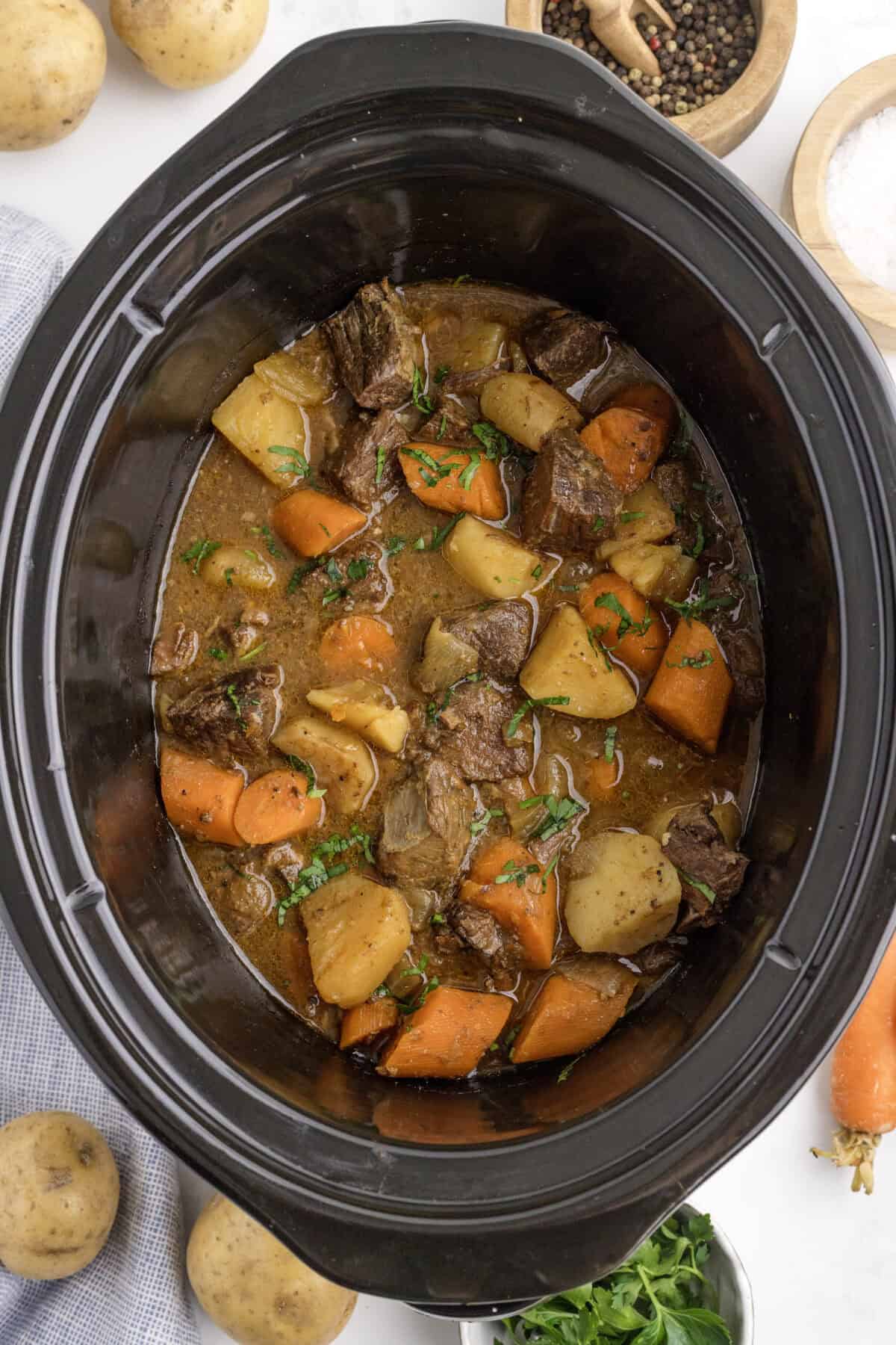 finished beef stew in the crockpot.