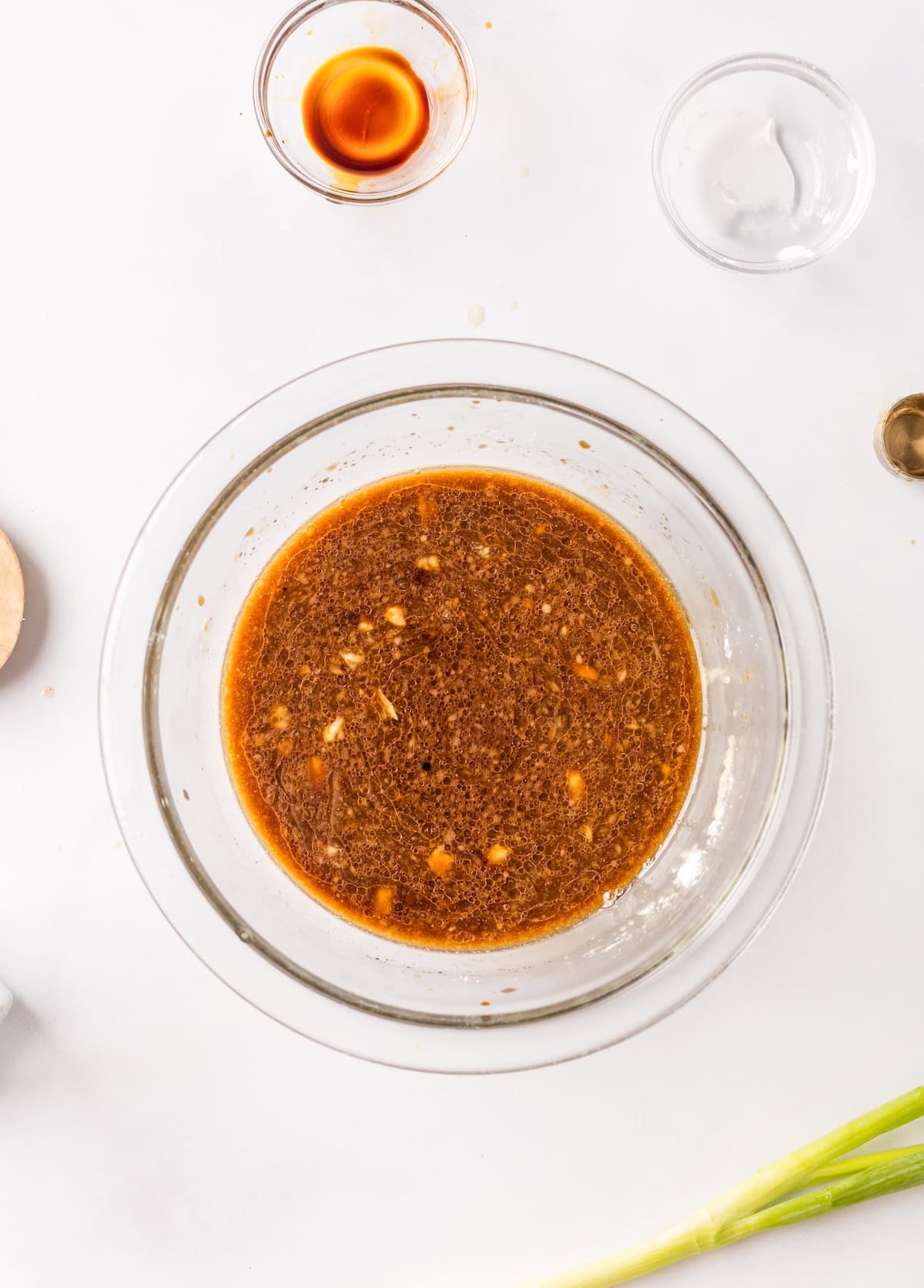 Sauce for the Mongolian beef meatballs in a mixing bowl.