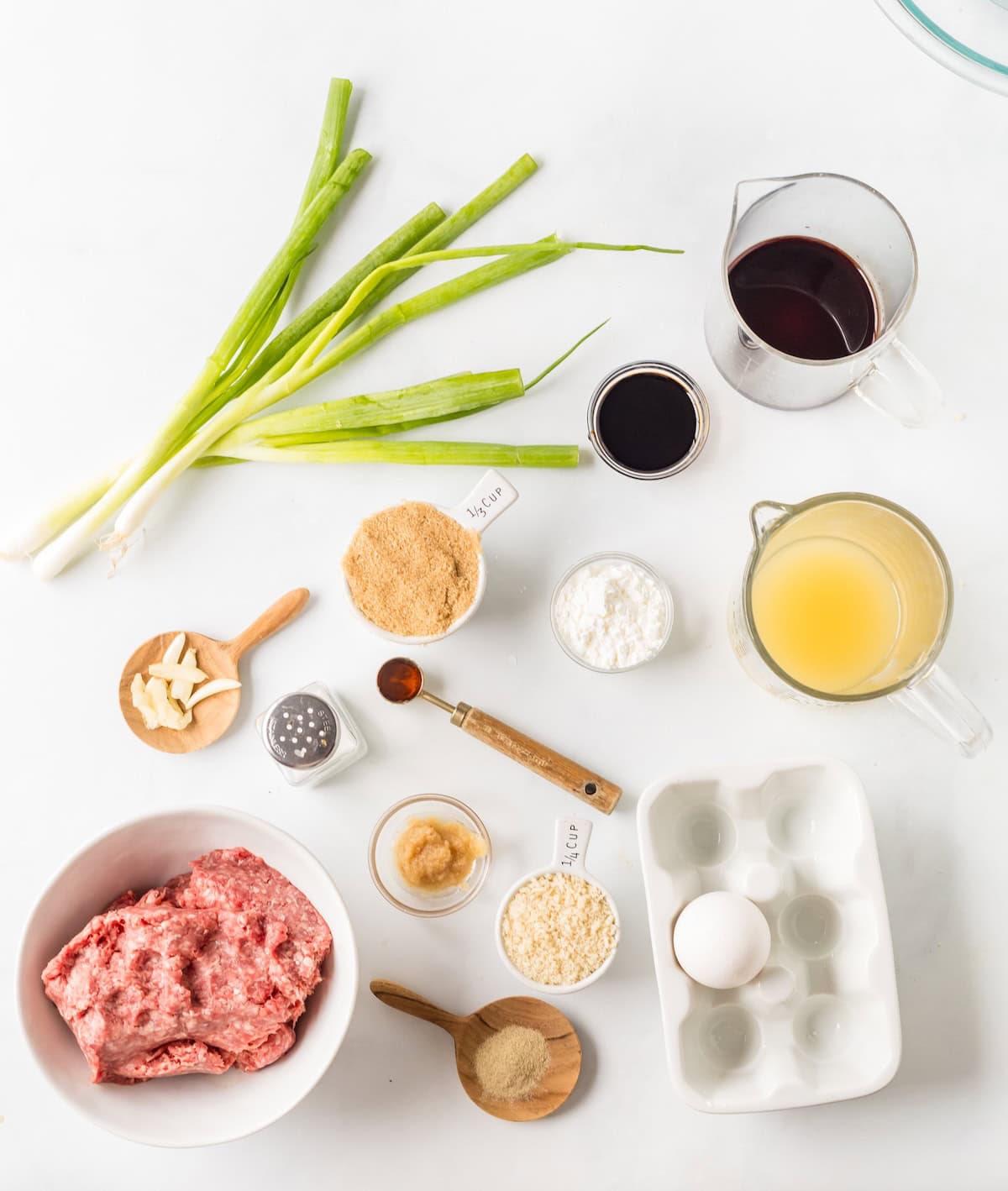 ingredients for the Mongolian meatballs in small bowls and measuring spoons.
