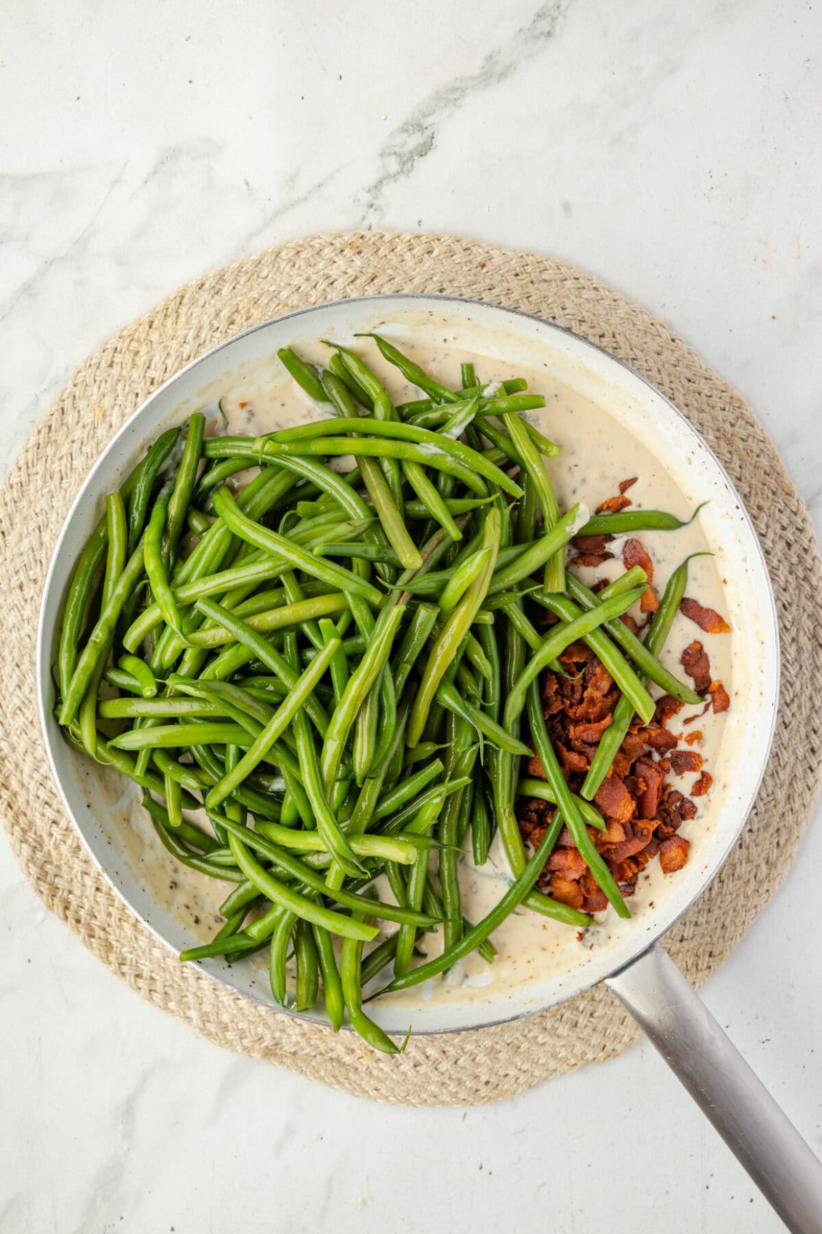 fresh green beans in the skillet. 