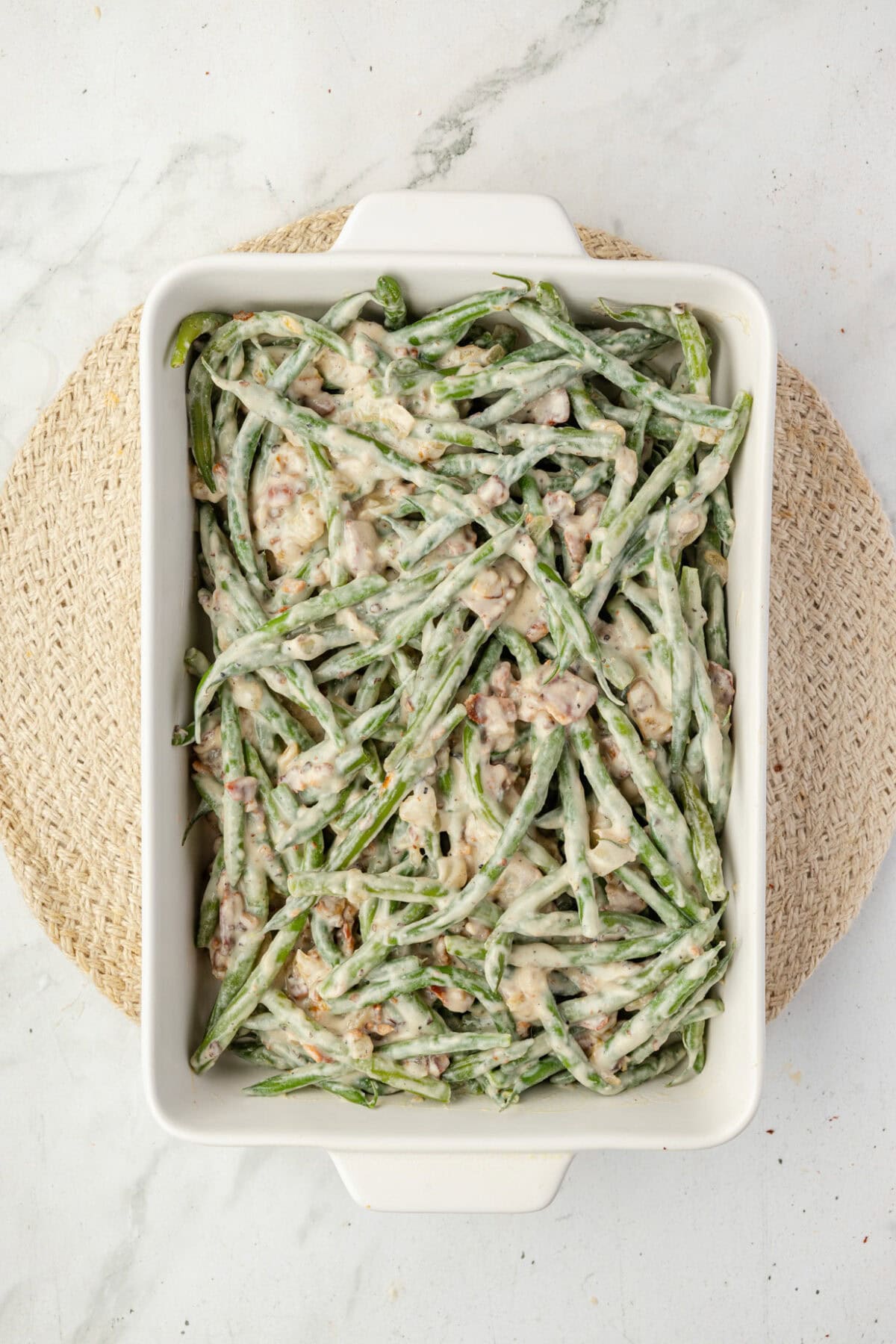 the fresh green bean casserole added to the white dish. 