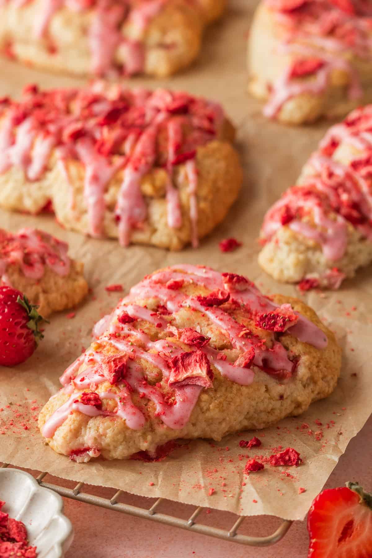strawberry icing on top of the finished strawberry scones. 