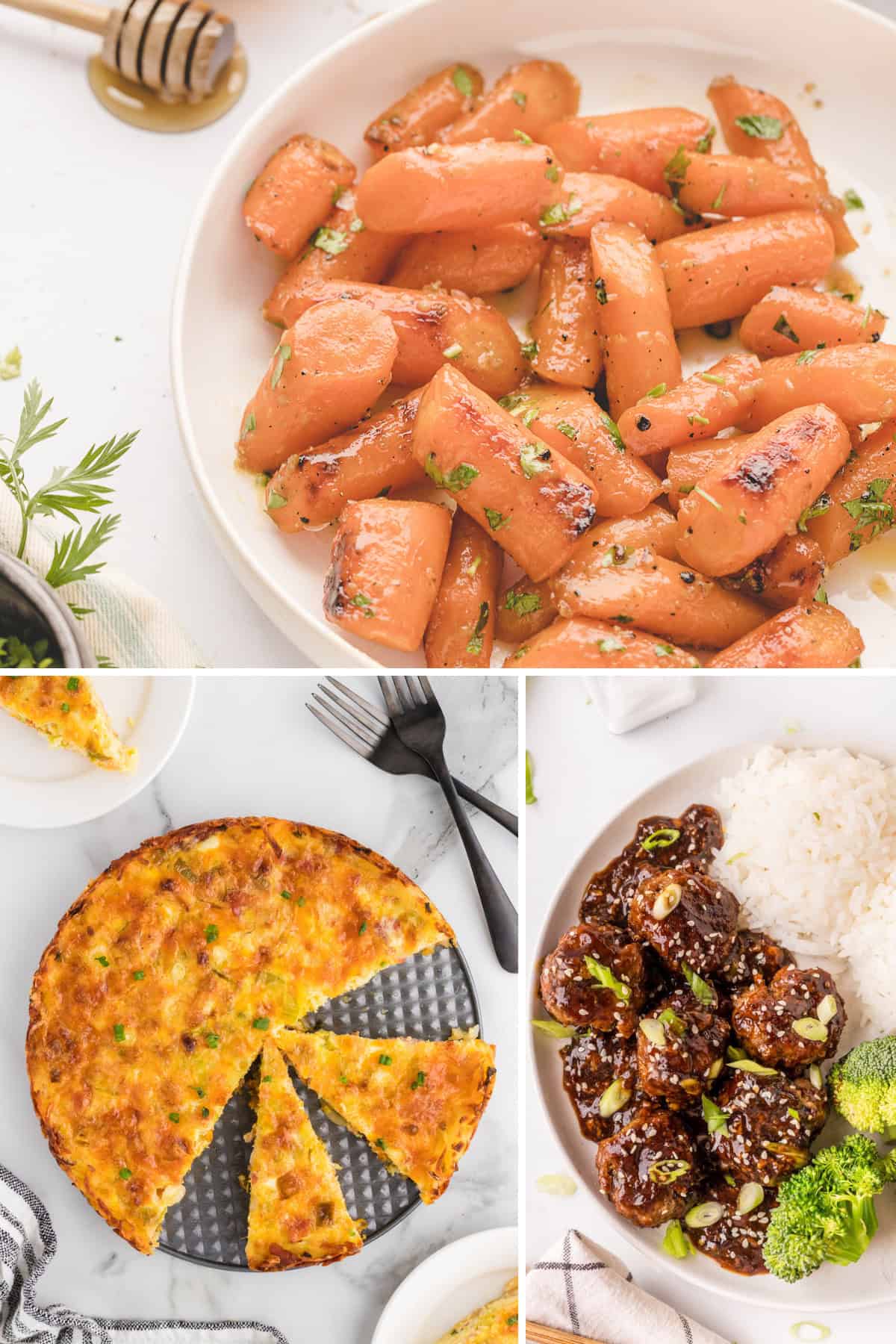 photo collage with spring time recipes: roasted carrots, leek quiche, and Mongolian beef meatballs. 